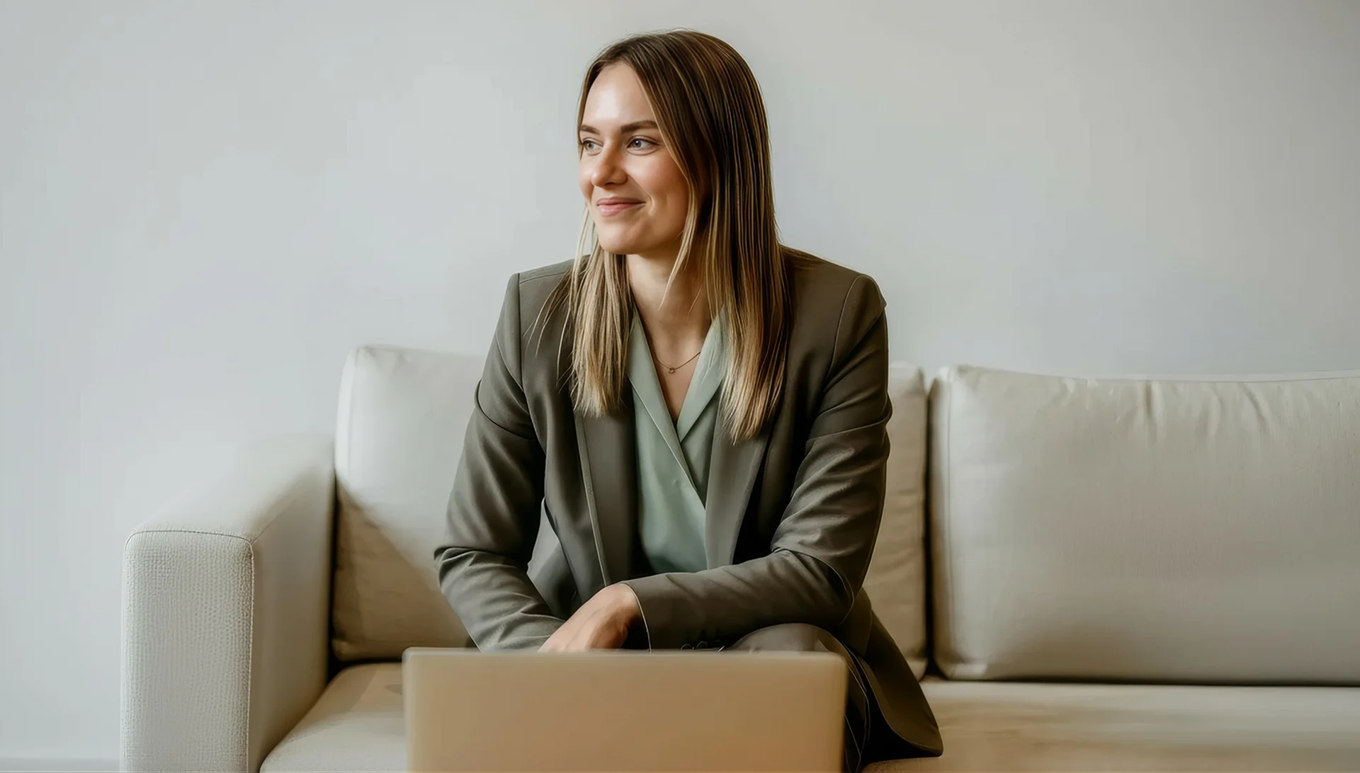 Woman with straight light brown hair sitting on a cream sofa with a gold laptop, wearing an olive green blazer over a sage blouse, smiling and looking off to the side in a bright modern space.