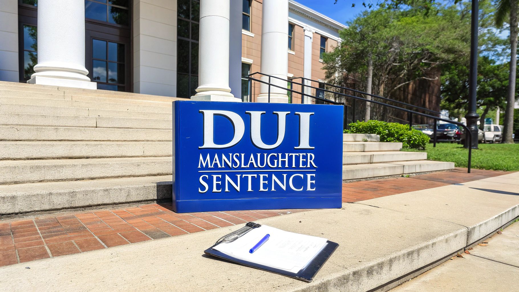 A blue sign stating 'DUI MANSLAUGHTER SENTENCE' sits on concrete steps before a courthouse, with a clipboard.