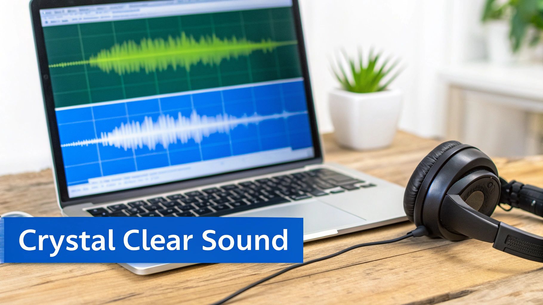 A person wearing headphones and editing audio on a laptop.