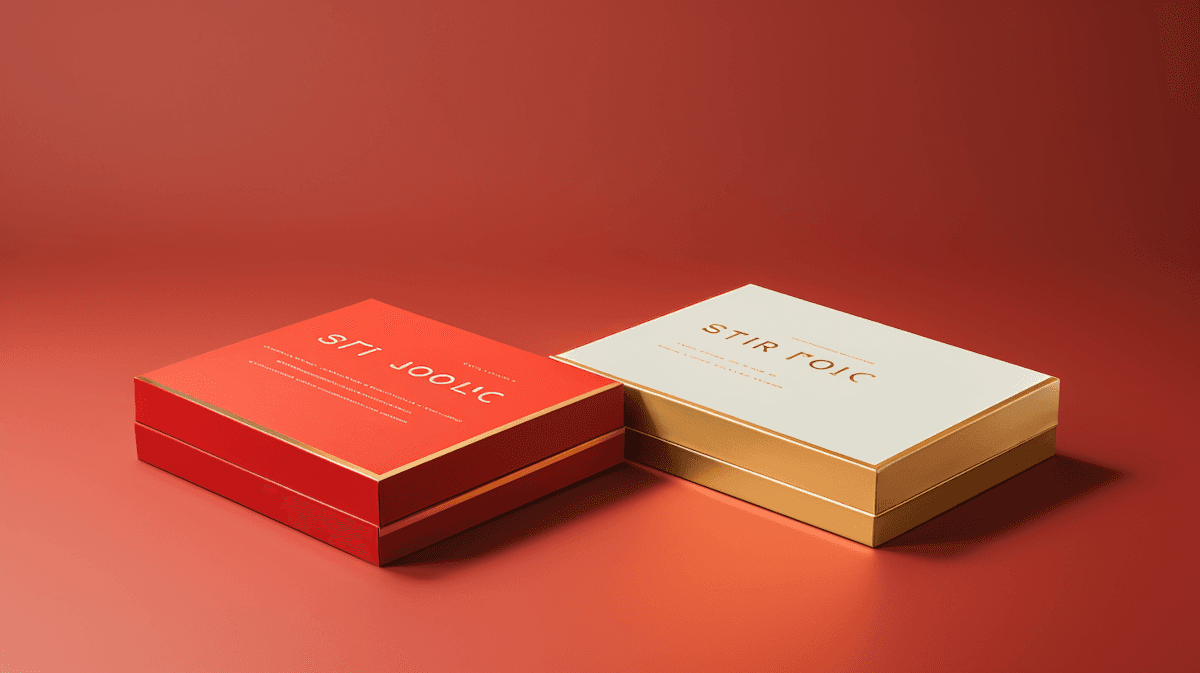 Two gift boxes, one red and one cream-colored with gold trim, are displayed.
