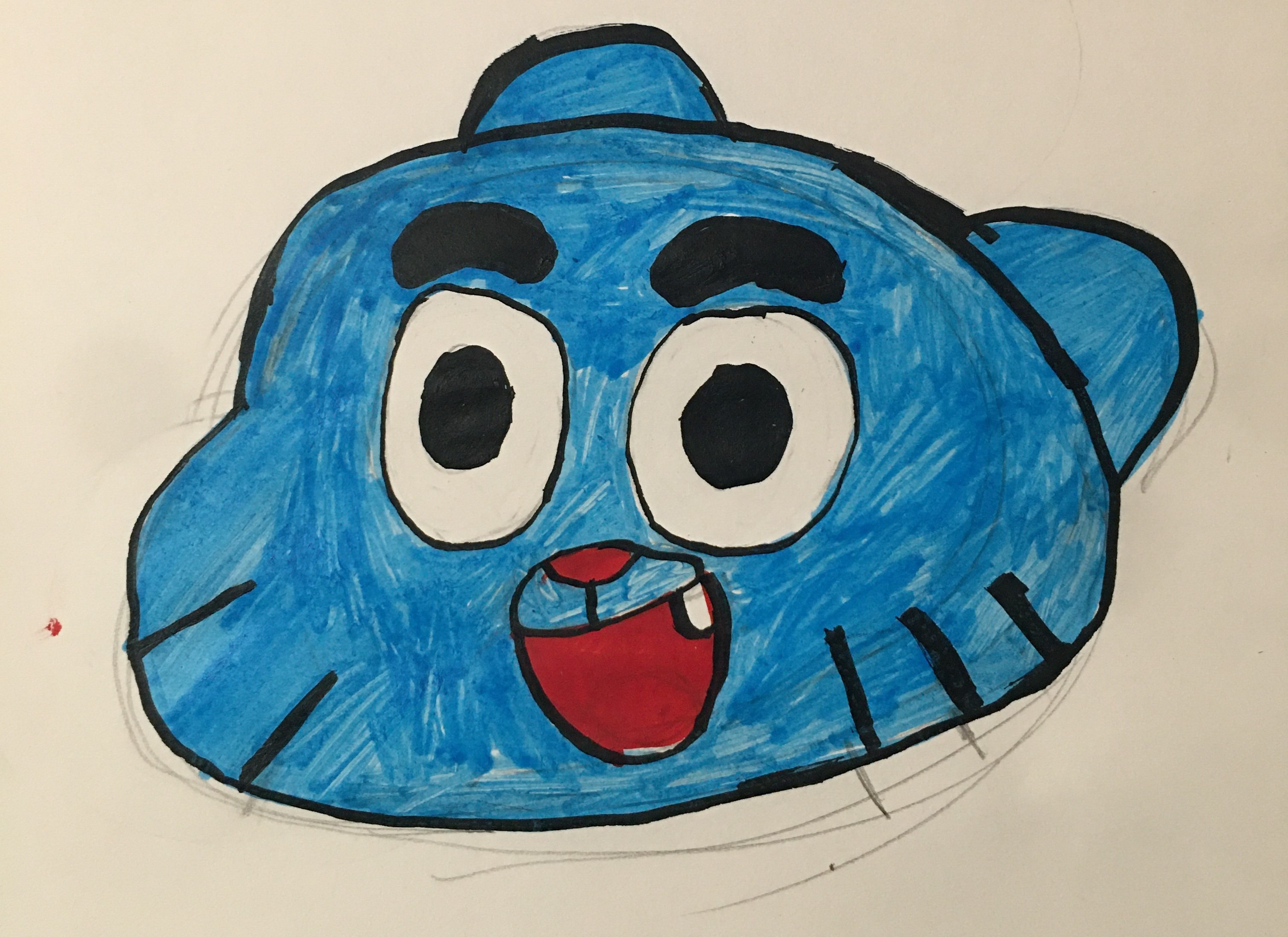 A cartoonish blue cat character called Gumball Watterson from the show "The Amazing World of Gumbal" with big eyes and a wide smile, featuring black eyebrows and a playful expression.