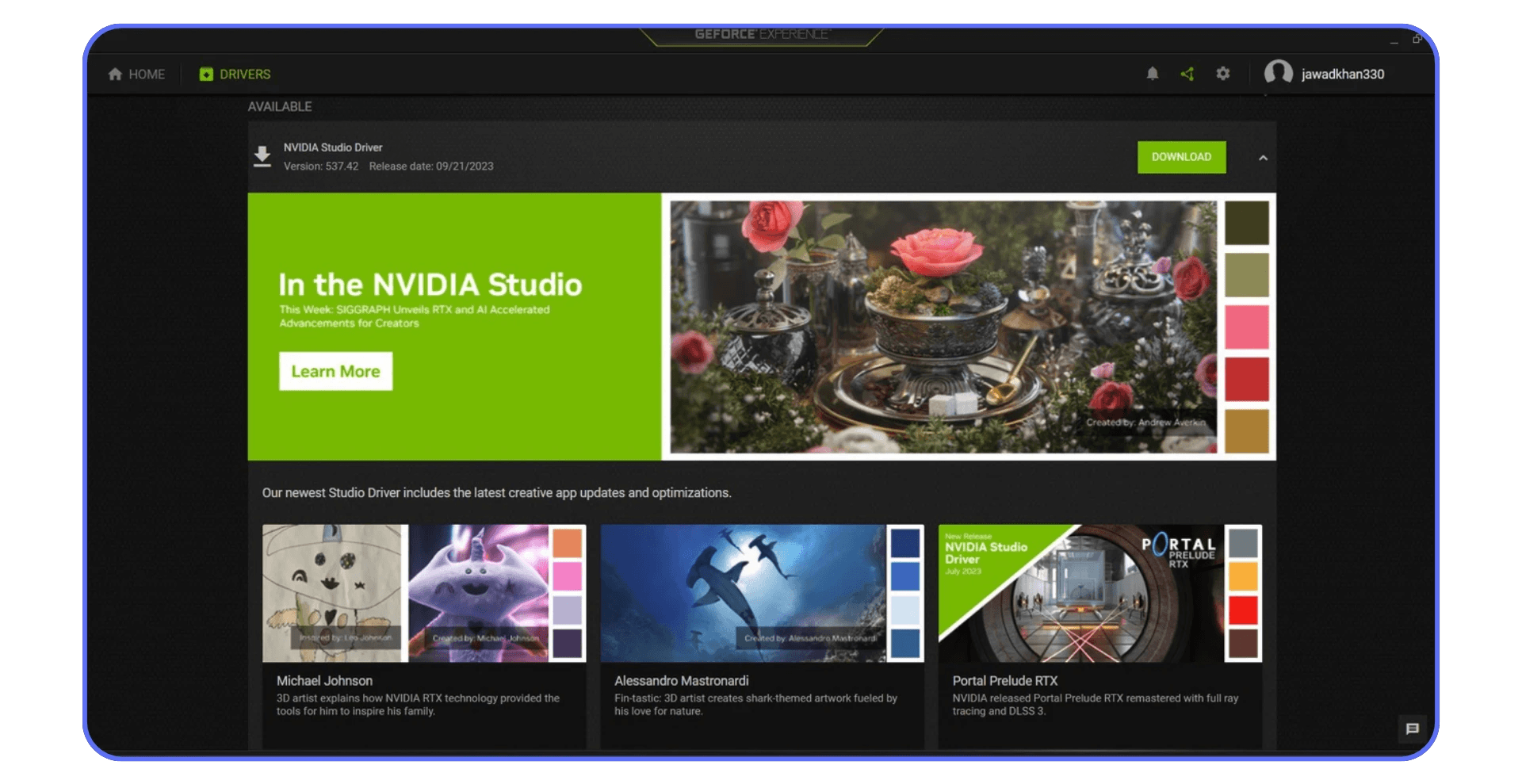 NVIDIA GeForce Experience Studio Driver interface highlighting creative performance updates and AI rendering improvements.