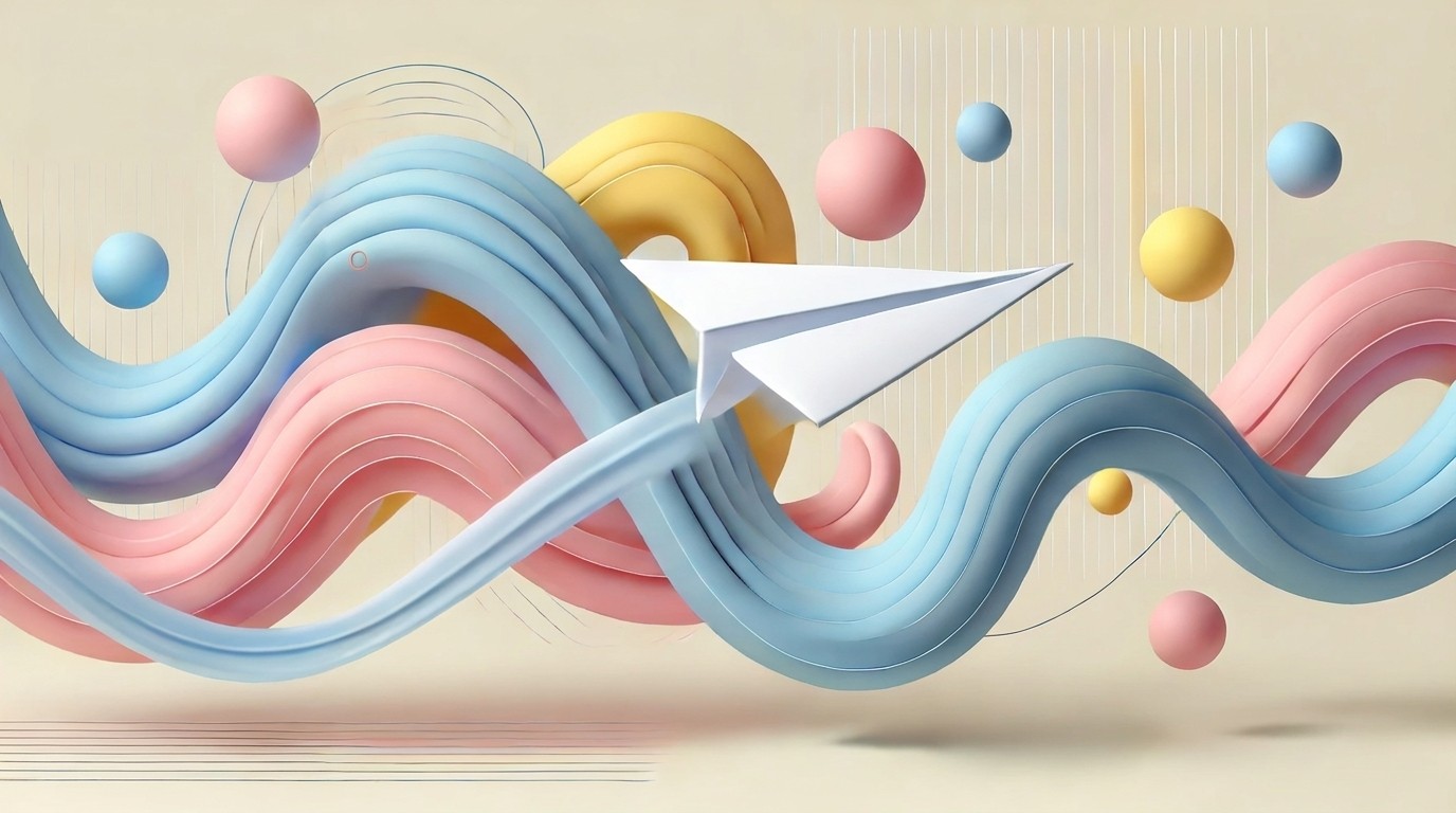 Paper airplane flying through colorful abstract waves and floating spheres.