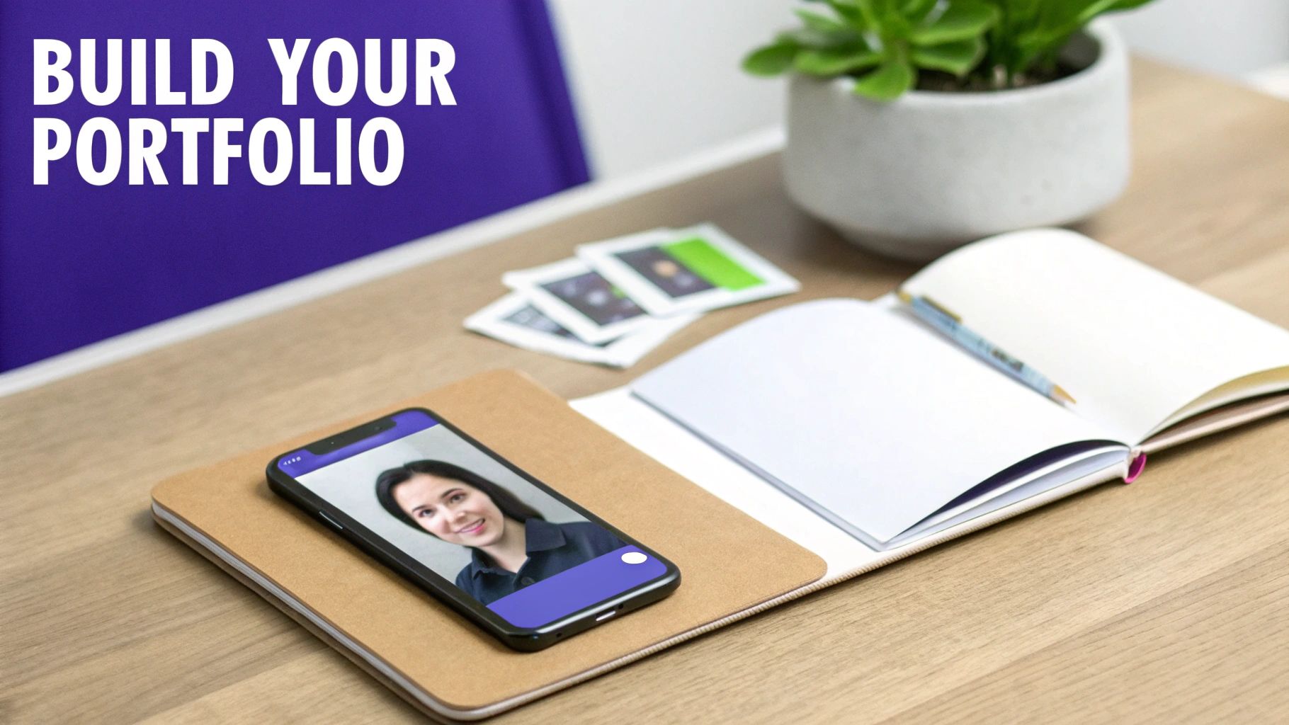 A desk with a smartphone showing a woman's photo, notebooks, and a plant, with 'BUILD YOUR PORTFOLIO' text.