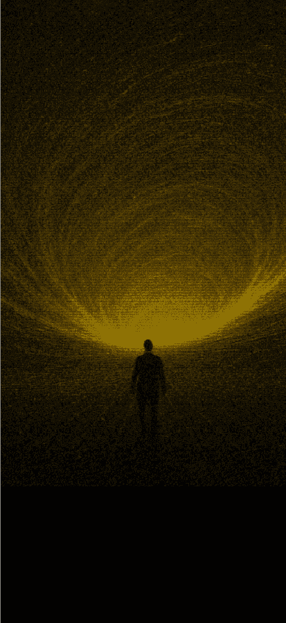 A solitary figure walking toward a swirling vortex of golden light in total darkness