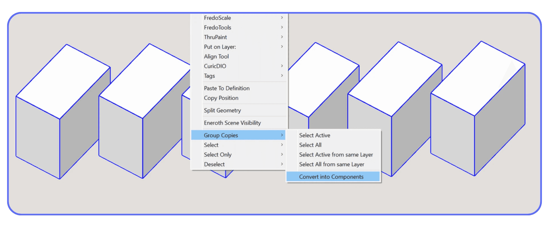 Context menu in SketchUp showing the option to convert selected grouped objects into components.