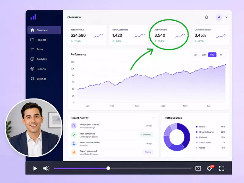 A personalized sales video showing a windows application and salesman