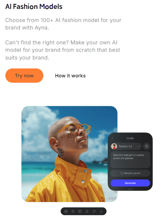 An AI model wearing an orange shirt smiles against a beach background, with a smartphone displaying a chat interface.