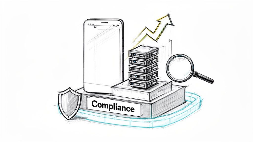 Hand-drawn illustration depicting compliance in fintech: mobile, data, security, analysis, and growth.
