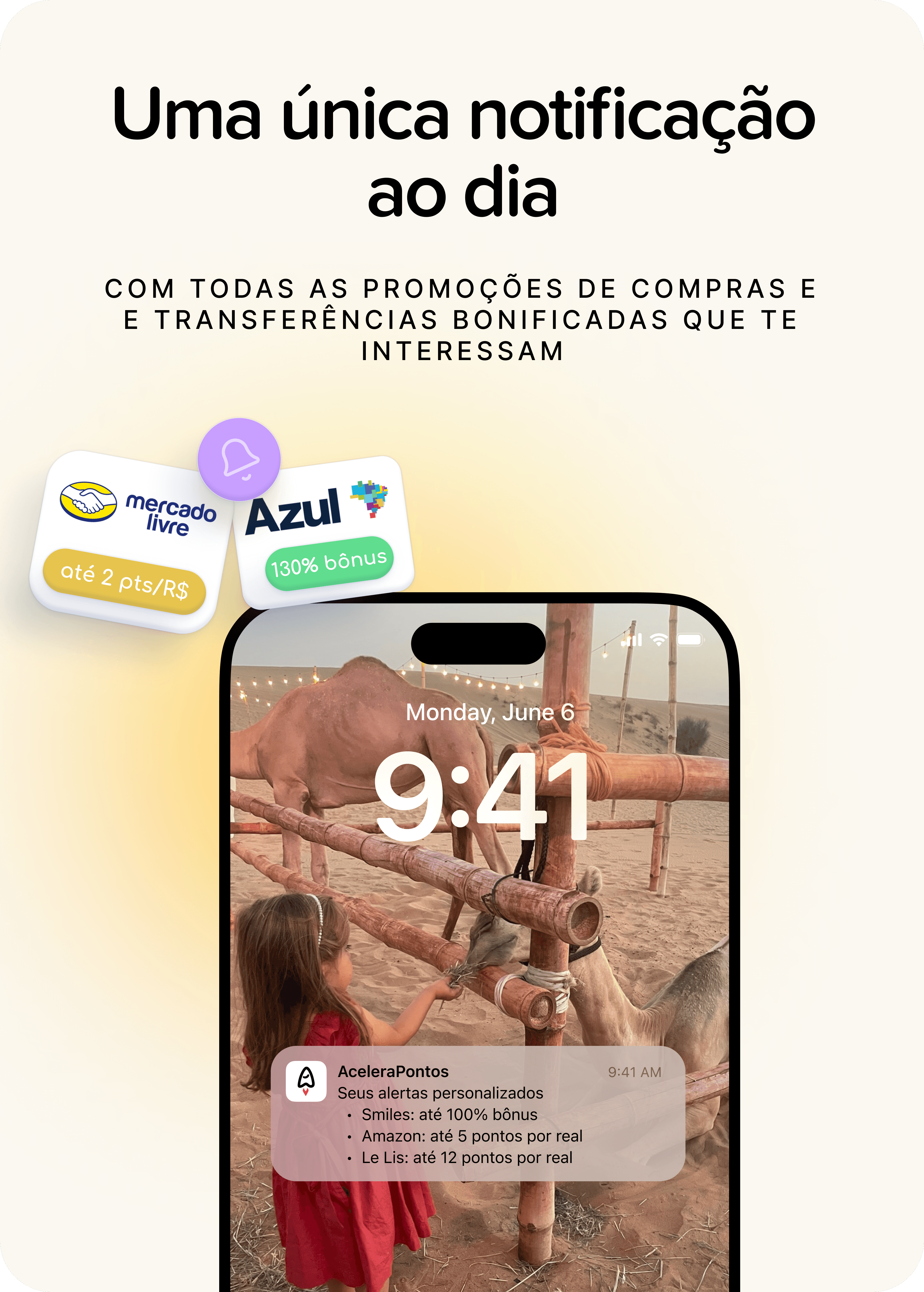 Imagem do AceleraPontos mostrando um alerta único diário com as promoções de transferências bonificadas e compras bonificadas, exemplificando com Mercado Livre, Azul, Smiles, Amazon e Le Lis