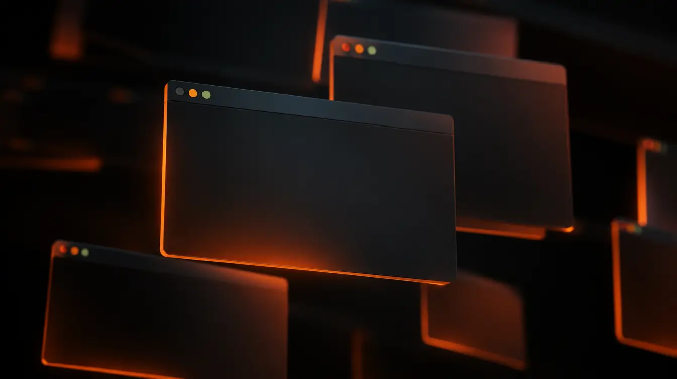 Abstract overlapping browser window cards symbolizing modern, clean website structure