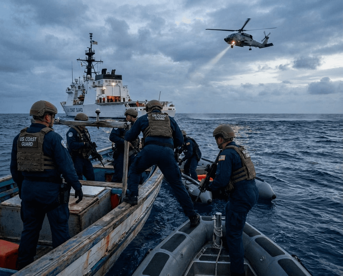 Maritime boarding operation by US Coast Guard personnel.