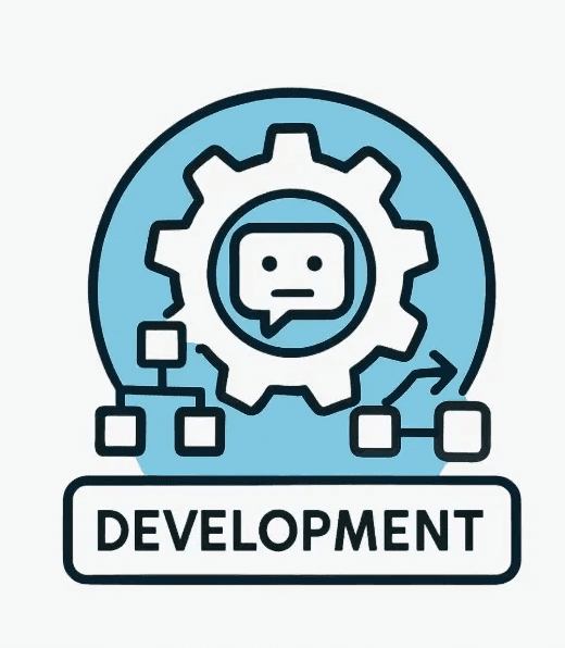 Icône flat design représentant le développement structuré d’un chatbot avec engrenage, bulle et arborescence
