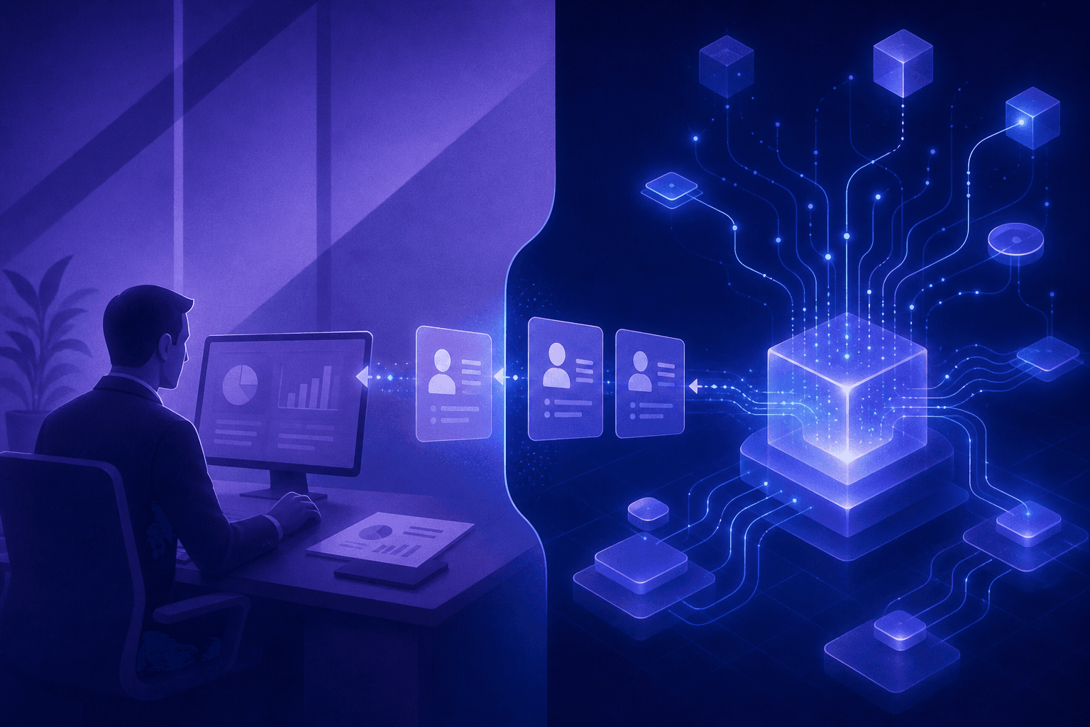 A modern split-screen illustration showing human-AI collaboration in a sales environment. On the left side, a professional human figure at a desk reviewing data on a screen with strategic documents. On the right side, an abstract glowing AI system represented as interconnected nodes and circuits processing multiple data streams simultaneously. In the center, the two sides connect through a sleek interface showing a handoff point with qualified lead cards flowing from the AI side to the human side. The color palette is deep navy blue with electric blue and cyan accents, professional corporate aesthetic, flat design with subtle 3D depth, clean geometric shapes, no text or labels anywhere.