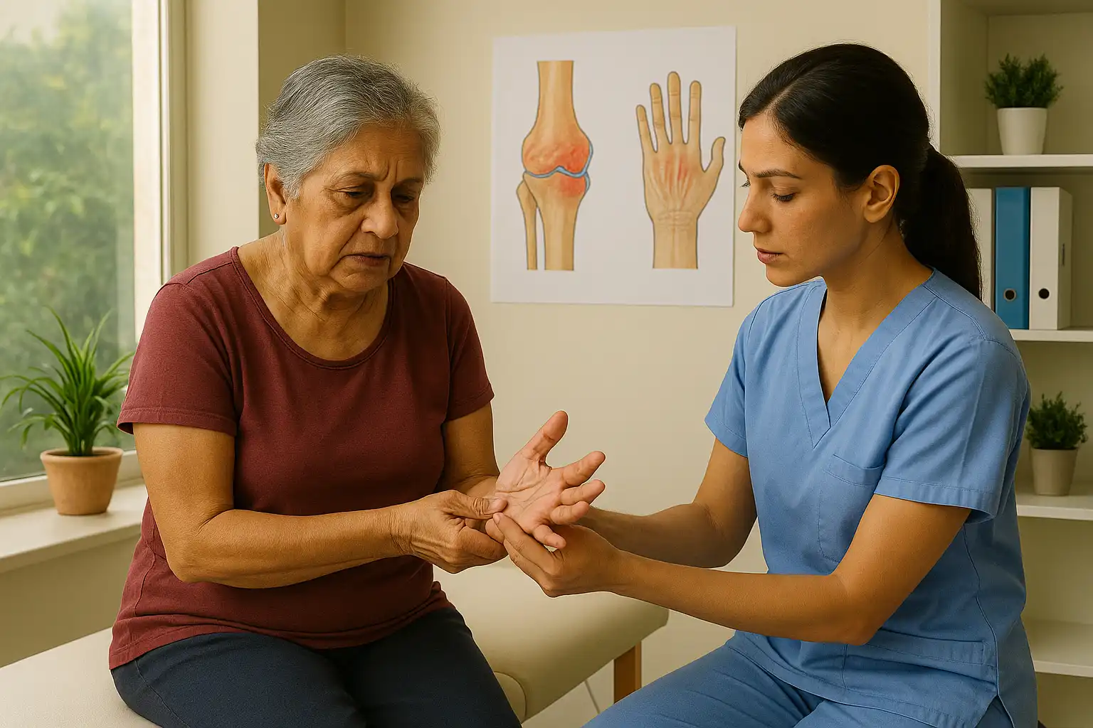 Physiotherapist examining an elderly woman’s hand for arthritis pain and joint stiffness.