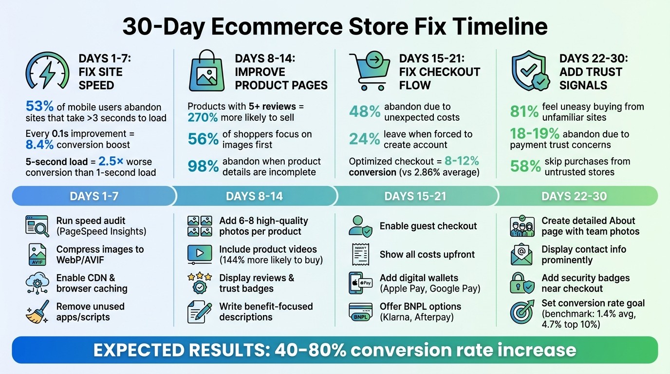 30-Day Ecommerce Store Optimization Timeline with Key Metrics