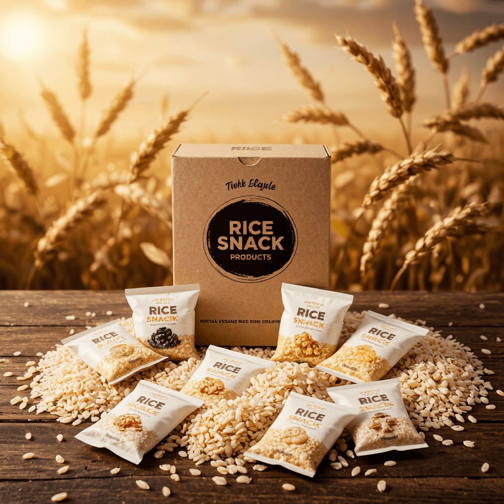 product photography of a box of rice snack products with individual packets