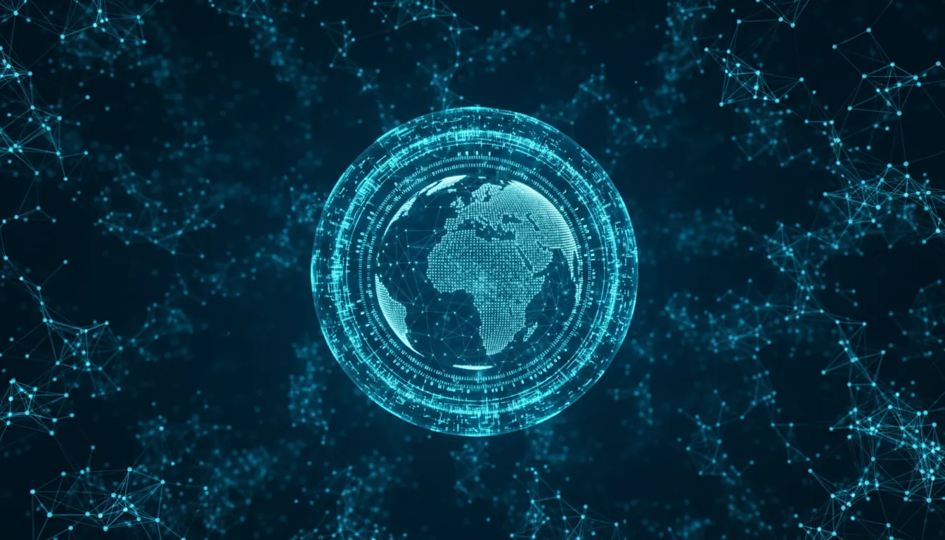 3D render of a high-tech data visualization, featuring a central, glowing holographic sphere. The sphere is constructed from multiple concentric rings and intricate, luminous blue circuit patterns. Inside the sphere, a dotted wireframe of the Earth represents a global network. The background is a deep, dark blue space filled with a complex plexus network of interconnected nodes and glowing lines, creating a sense of digital depth. Soft global illumination with a cybernetic aesthetic, dominated by shades of electric blue and cyan.