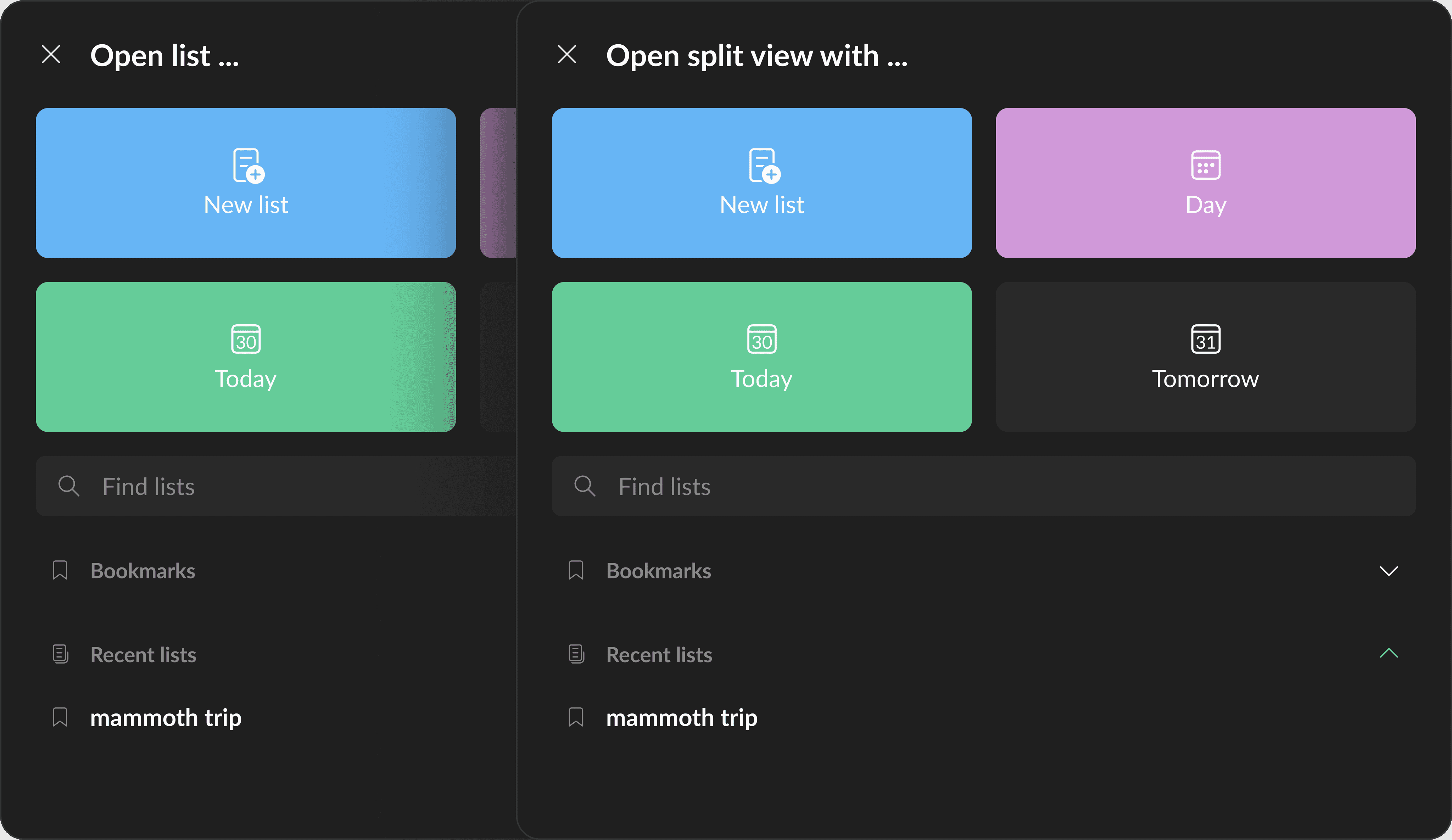 Left: split modal before feedback  •  Right: split modal after feedback with clearer title