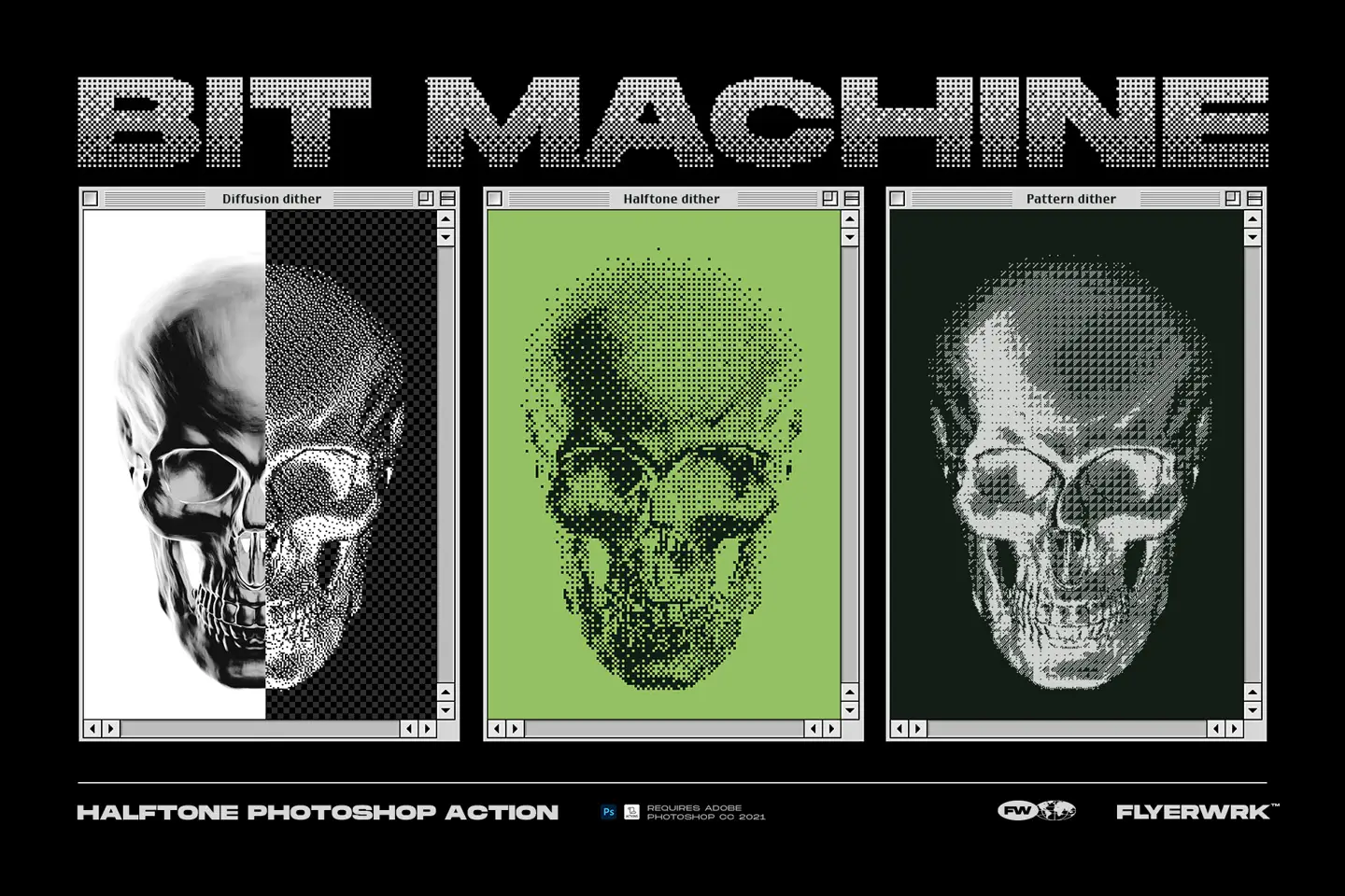 Bit Machine Photoshop action displaying diffusion halftone and pattern dither effects on a skull graphic