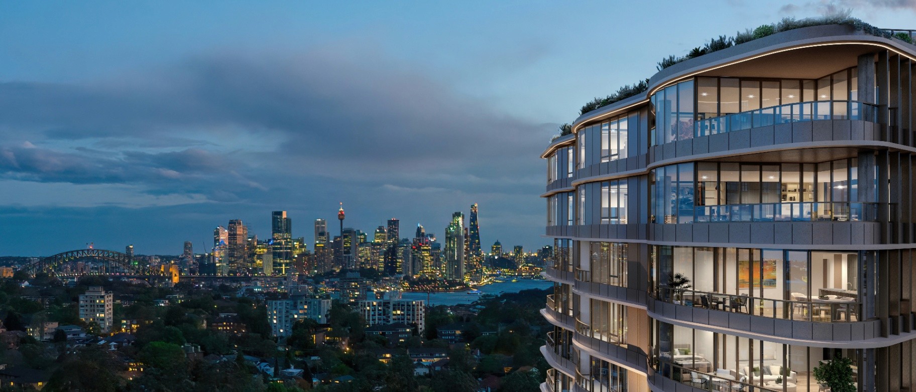 Premium St Leonards apartment building with curved architecture and Sydney skyline views at night, off the plan luxury property with $10K Coposit entry