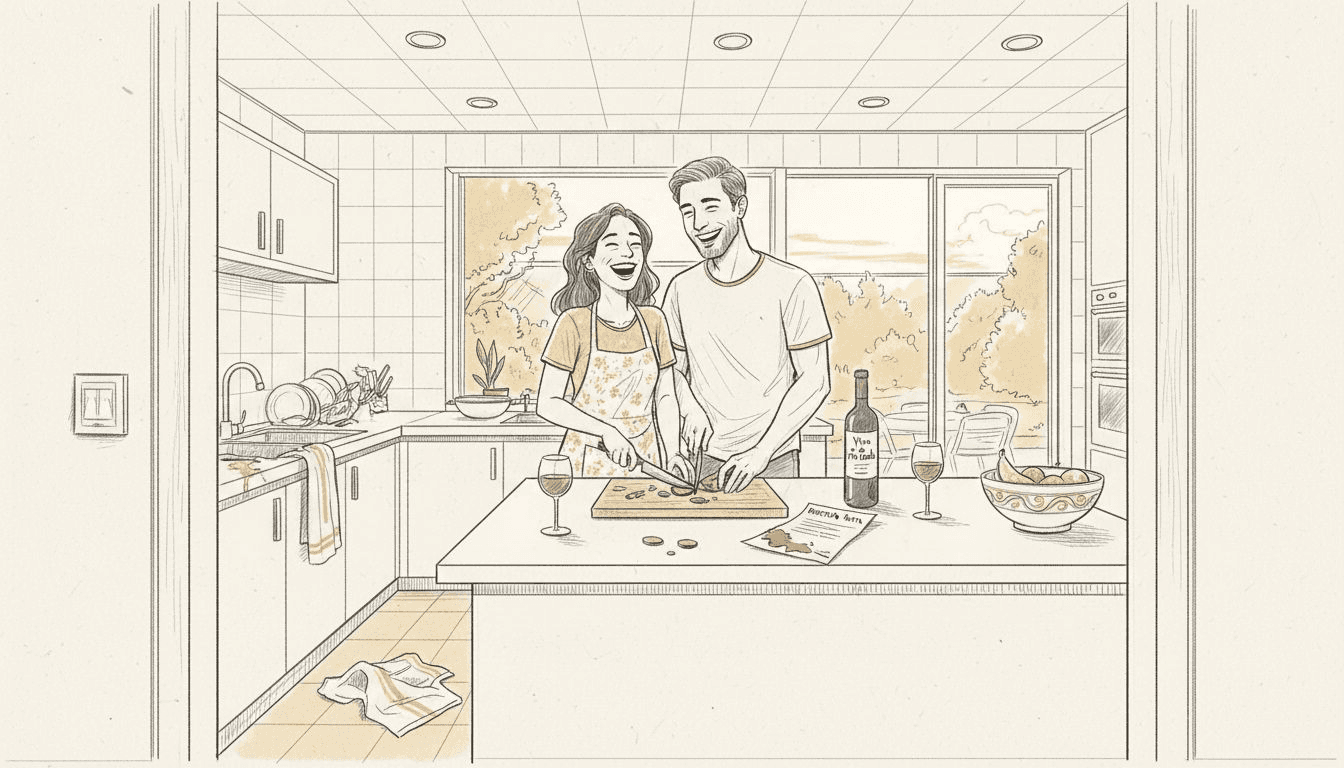 Una pareja comparte momentos en la cocina, disfrutando del calor de su hogar.