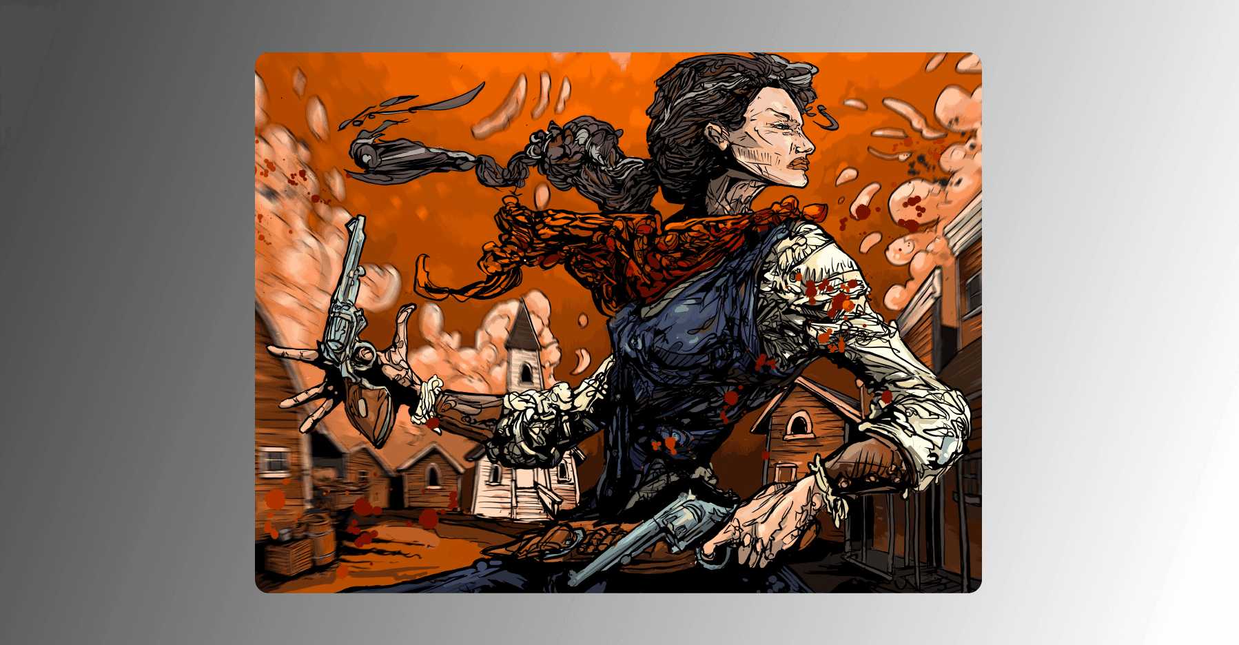 The painting, "Flush" is an image of a man cropped to just the waist standing in front of a set up poker table. The main has his hands at his sides and there is a gun in his holster.