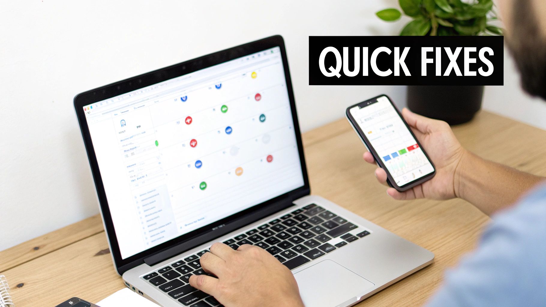 A person works on a laptop showing Google Calendar while checking a smartphone, with 