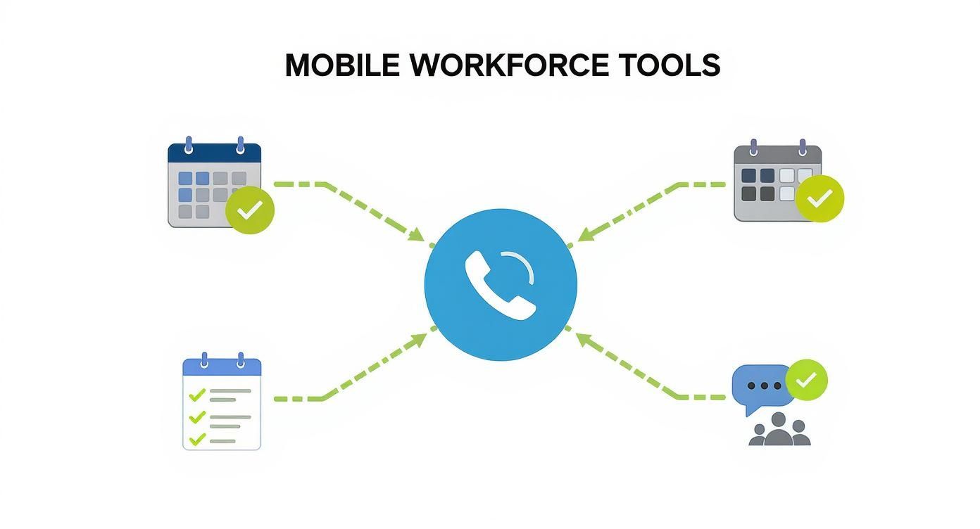 Diagram illustrating mobile workforce tools integrating calendar, task management, and communication through a central phone system.