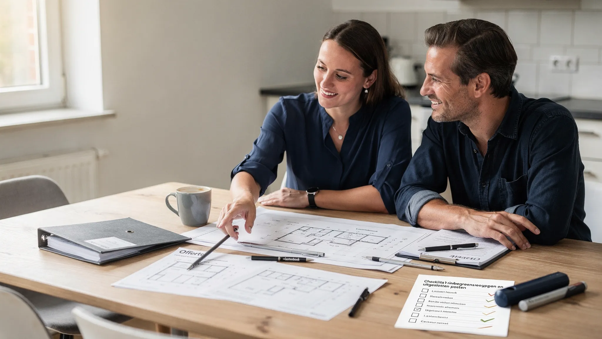 Een koppel aan een eettafel met bouwplannen en een offerte, in gesprek met een bouwadviseur. Op tafel liggen een lastenboek, meetstaat en een checklist met inbegrepen en uitgesloten posten.