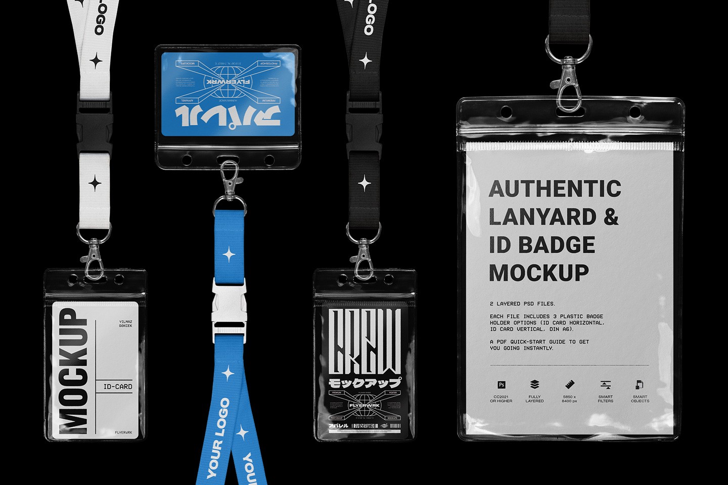 Fully layered PSD preview of the authentic lanyard and ID badge mockup with smart object filters