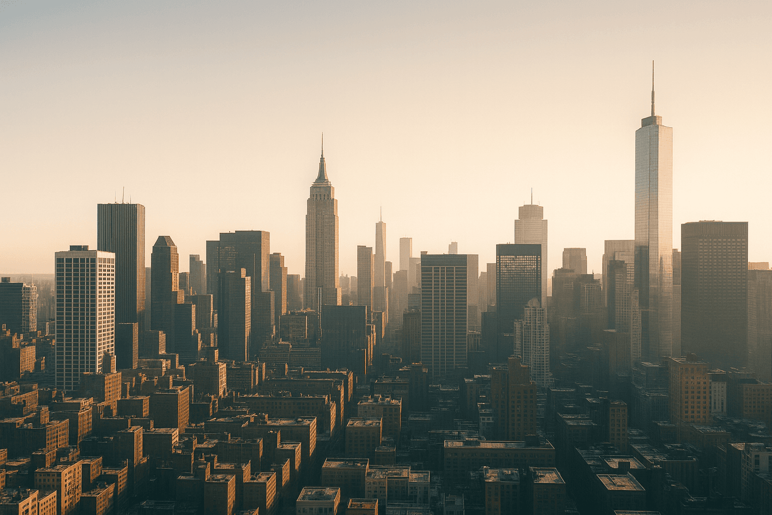 A panoramic view of a city skyline at sunrise, featuring tall skyscrapers like One World Trade Center and the Empire State Building, enveloped in a soft, golden light.