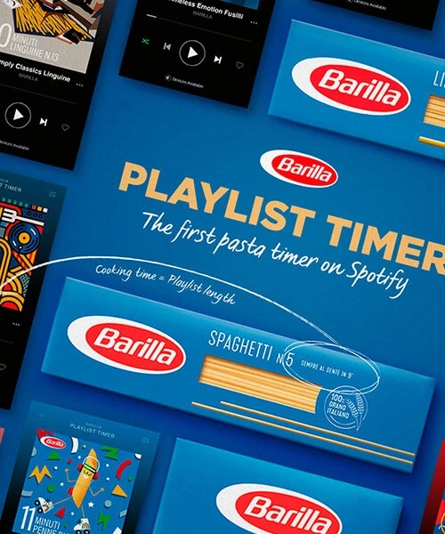 Barilla Playlist Timer Spotify campaign promotional graphic showing Spaghetti No.5 pasta box alongside branded Spotify playlists, with tagline 'cooking time equals playlist length' on bold blue background