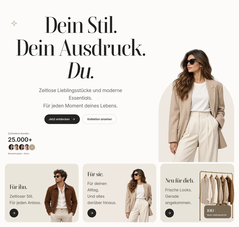 Designstudie Dein Stil: Startseite eines Modelabels in der Desktop-Ansicht