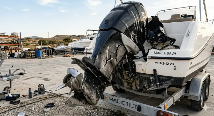 Cola del motor fueraborda destrozada tras impactar a gran velocidad contra un objeto flotante u OFNI.