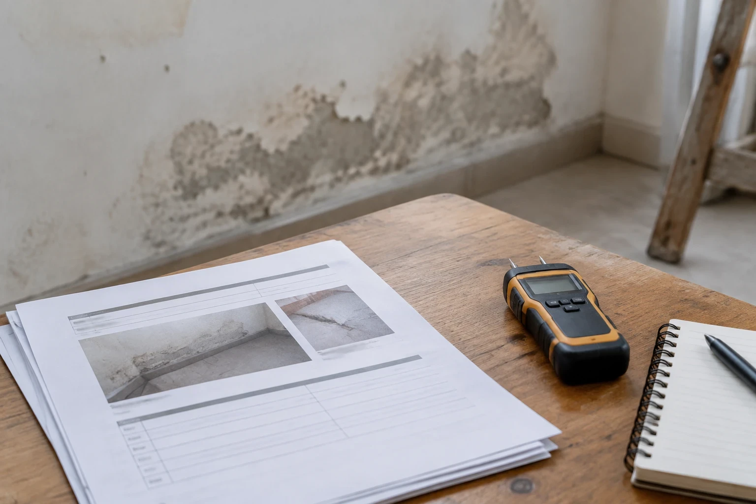 Un devis imprimé, un humidimètre et un carnet posés sur une table, devant un bas de mur dont l’enduit est piqué