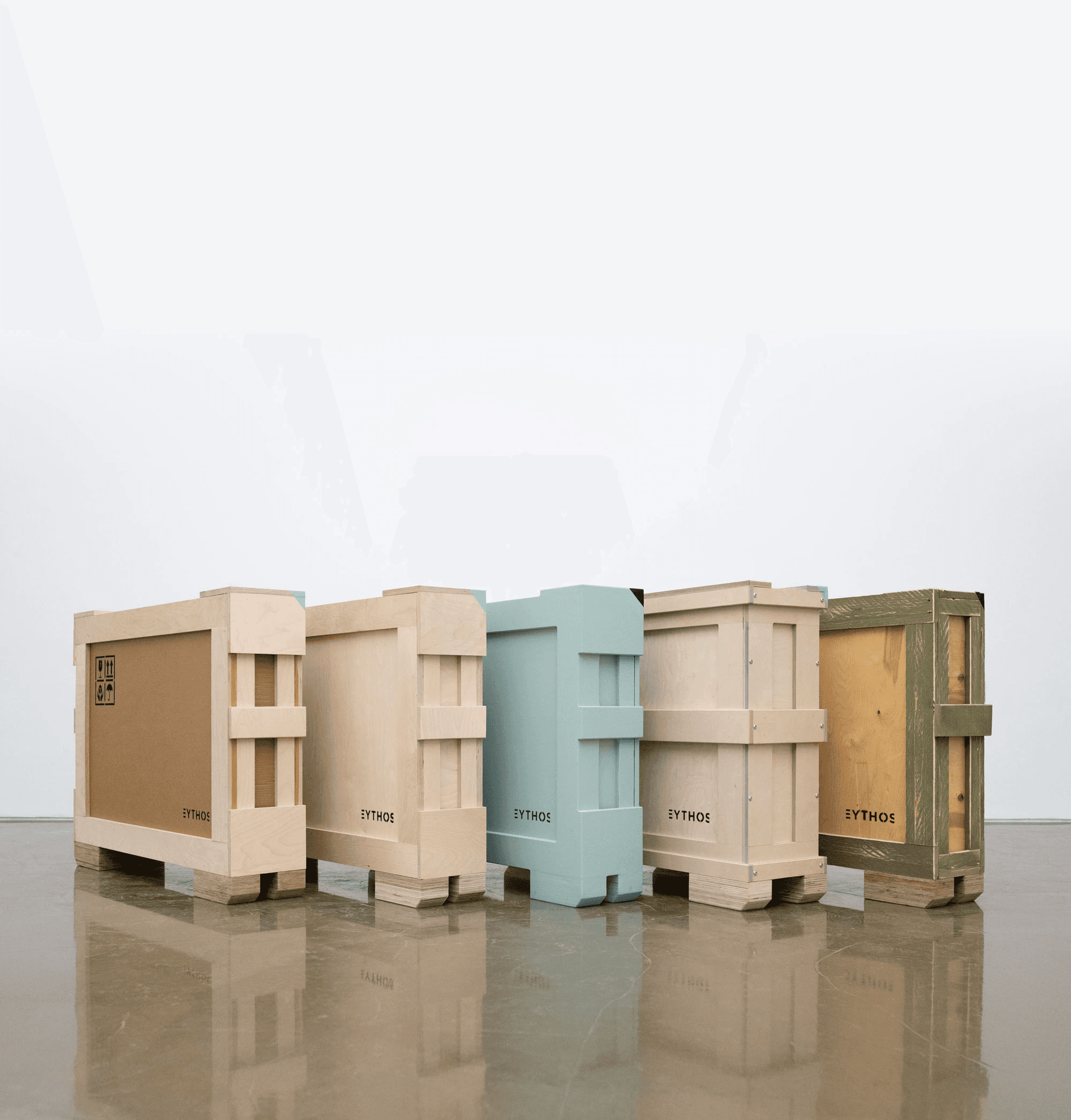 Eythos crate collection. Five of our most popular crates. From left the right: card crate, standard crate, climate crate, museum crate, recycled crate.