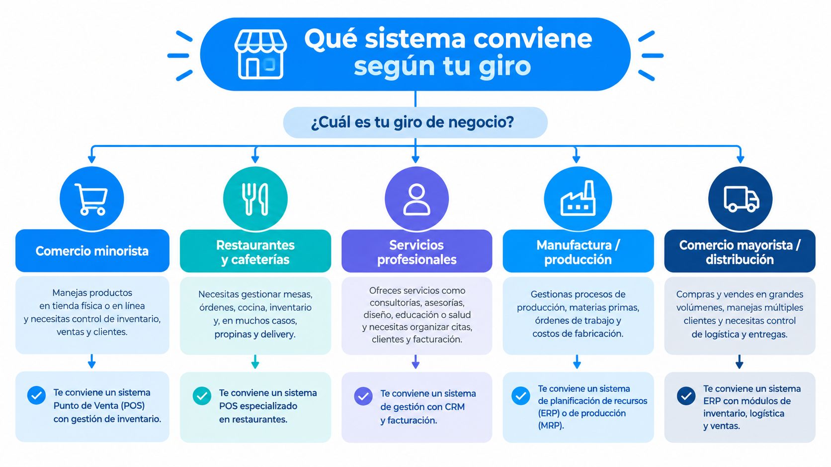 Infografía que guía a los empresarios sobre qué sistema de software elegir según su tipo de negocio.