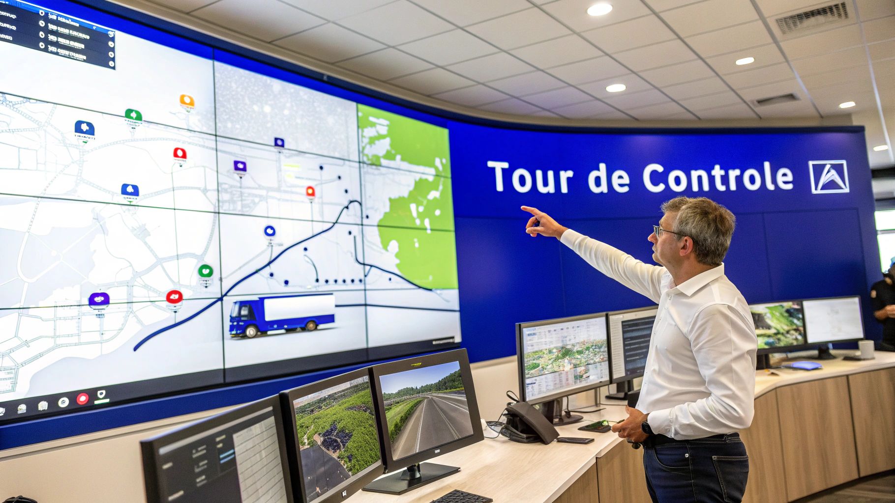 Un homme pointe un grand écran de contrôle affichant une carte logistique avec des camions, dans une salle de contrôle.