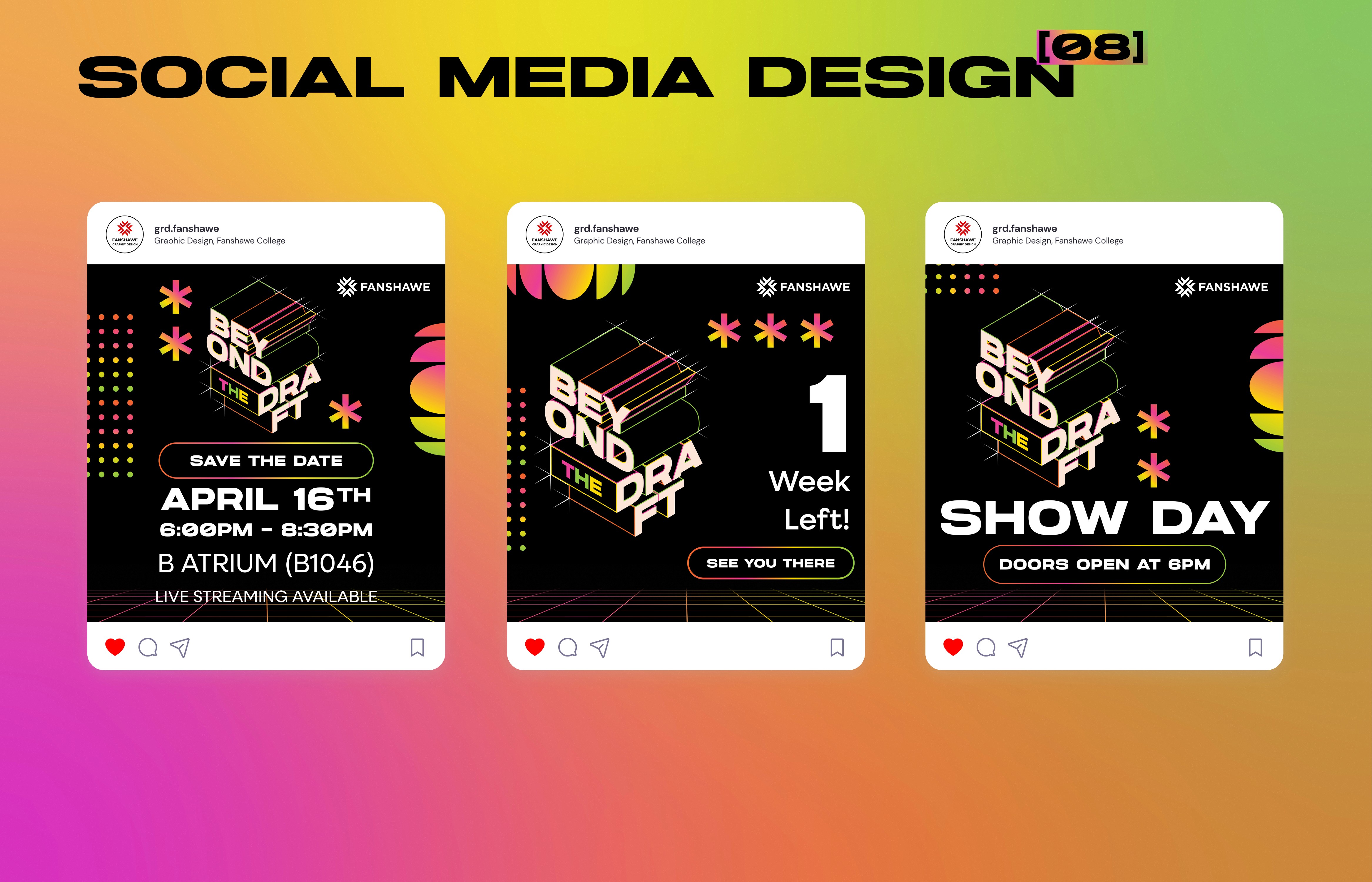 Potential mockups shots of 3 instagram posts that portray the event details. The first post says the main details of the event. The second post says there is 1 week left for the event. The third post says doors open at 6pm.
