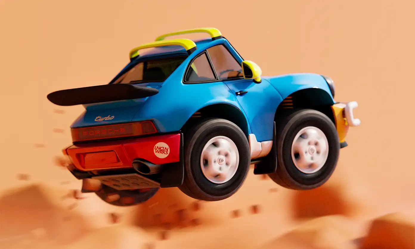 A digital rendering of blue Porsche off-road sports car in mid-air with dirt particles trailing behind it.