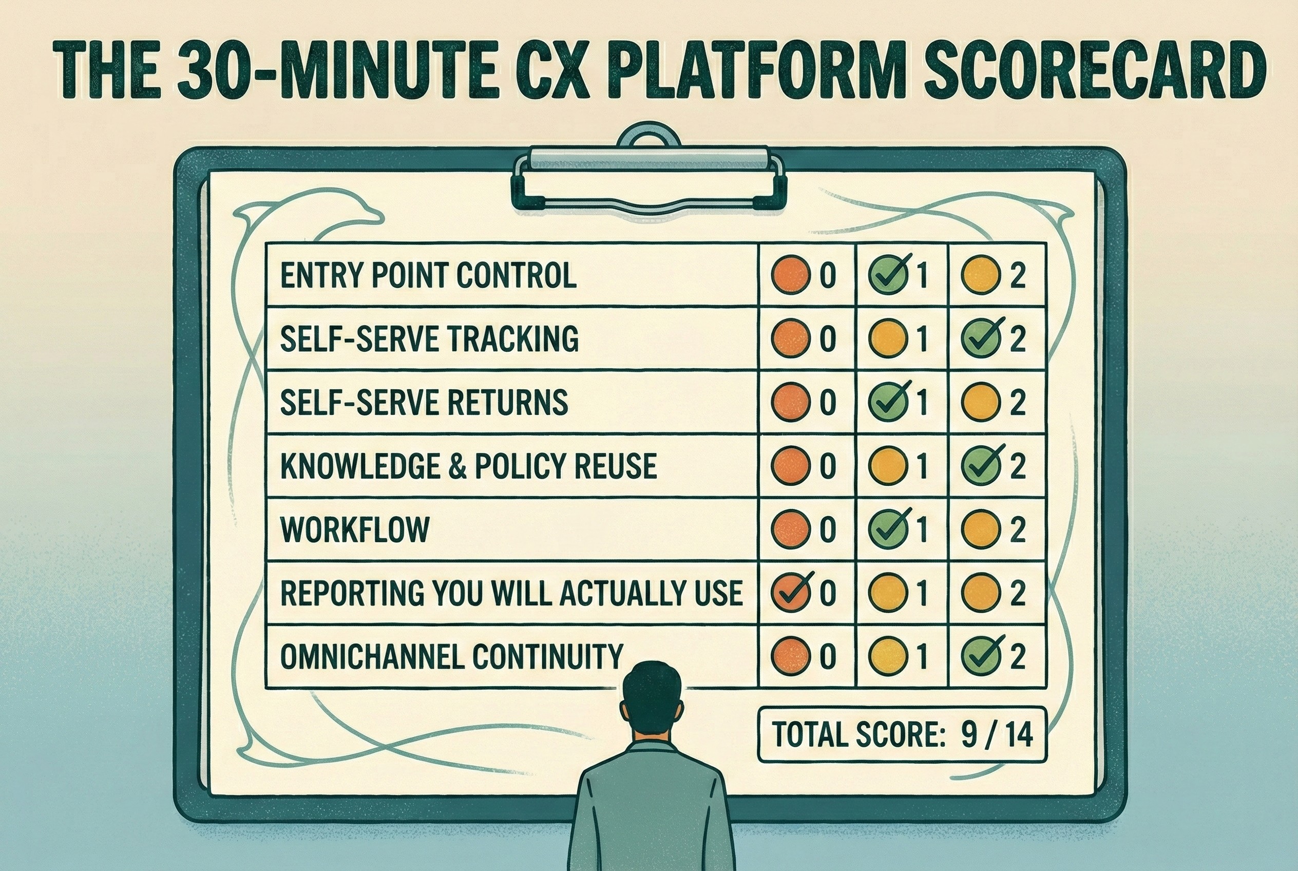 Illustration of a 30-minute CX platform scorecard with 0–2 ratings for entry point control, self-serve tracking, self-serve returns, knowledge and policy reuse, workflow, reporting you will actually use, and omnichannel continuity, showing a total score out of 14.