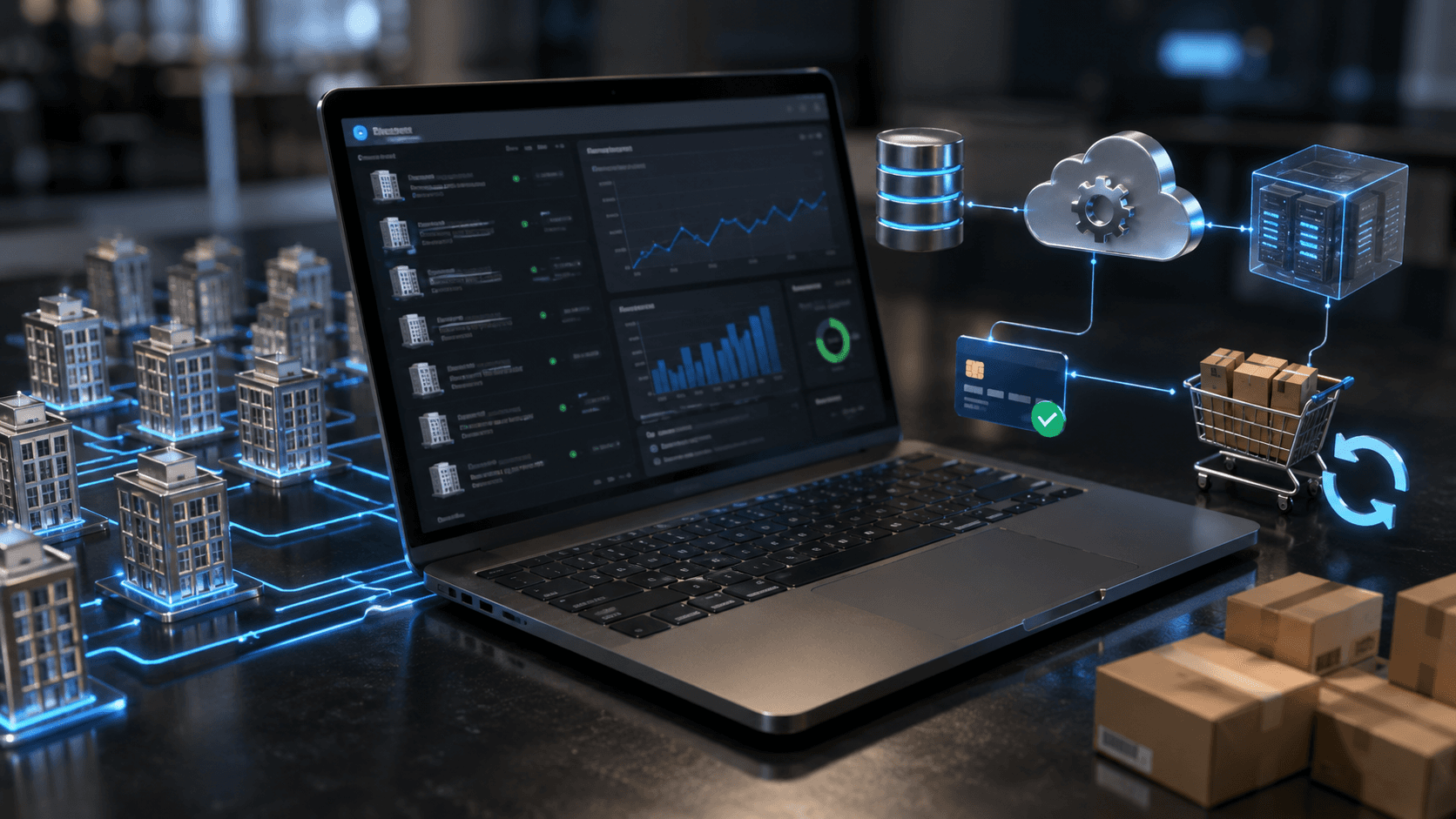 Ilustração 3D realista de um ambiente tecnológico B2B com um notebook exibindo dashboards corporativos escuros e gráficos de gestão. Ao redor do computador, elementos holográficos conectados representam integração com ERP, banco de dados, controle financeiro, pedidos automatizados e recompra. Pequenos prédios simbolizam diferentes empresas ou CNPJs conectados ao sistema. A cena possui iluminação moderna em tons azulados, mesa escura reflexiva e caixas de pedidos ao fundo, transmitindo escala operacional, automação e gestão comercial avançada.