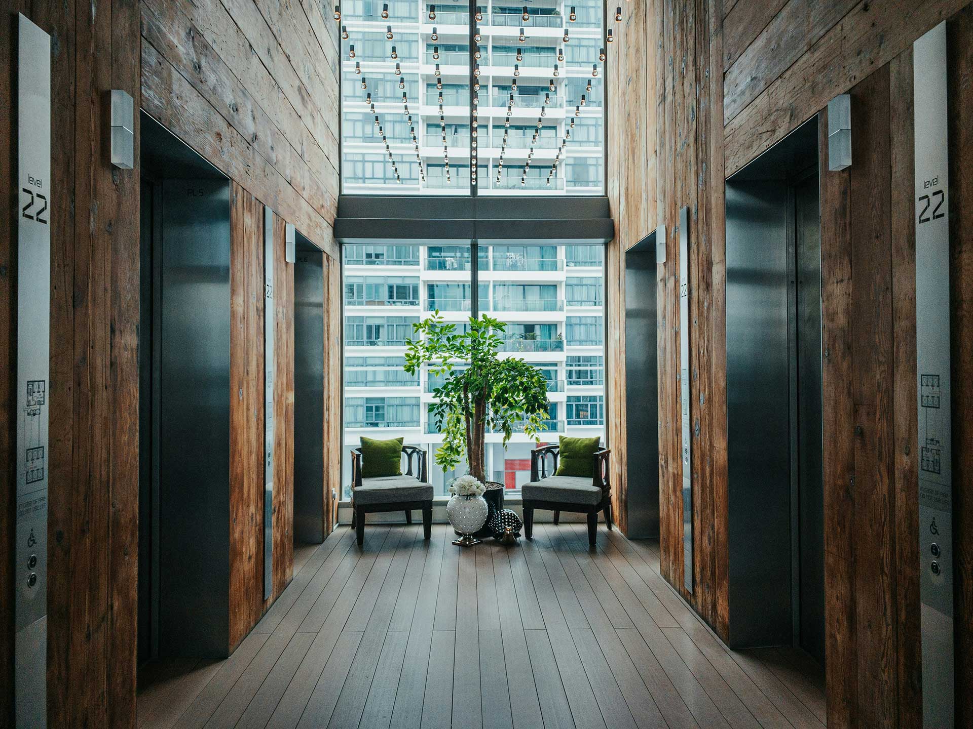 A modern elevator lobby with wooden walls and a plant