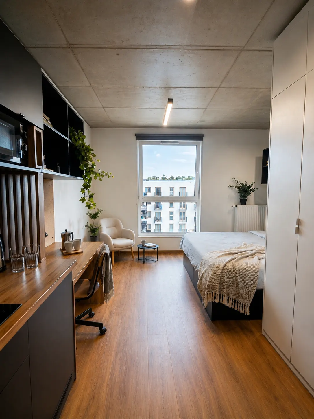 Modern student room with bed, study desk and storage in Kraków