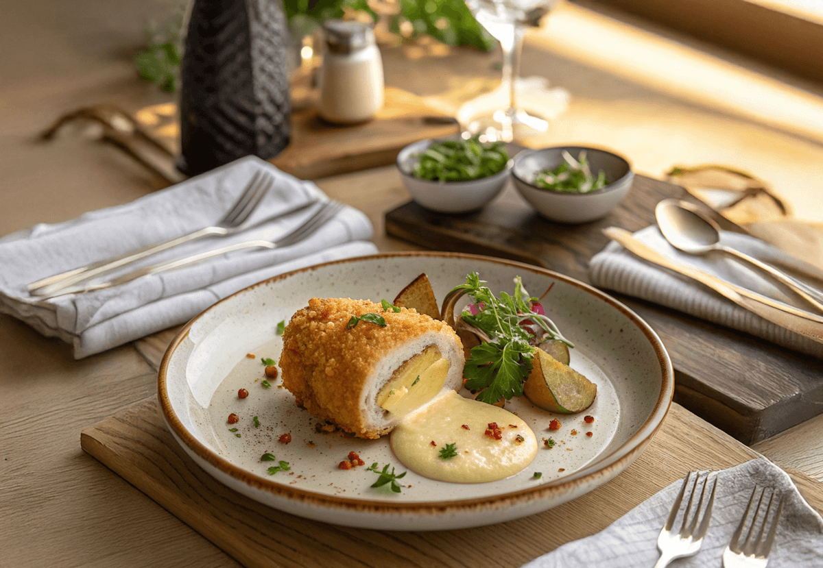 A gourmet plate featuring a golden-brown, breaded chicken cordon bleu or roulade, sliced to reveal a yellow filling, served with a creamy sauce, roasted potato wedges, and a side of fresh salad greens on a wooden table.