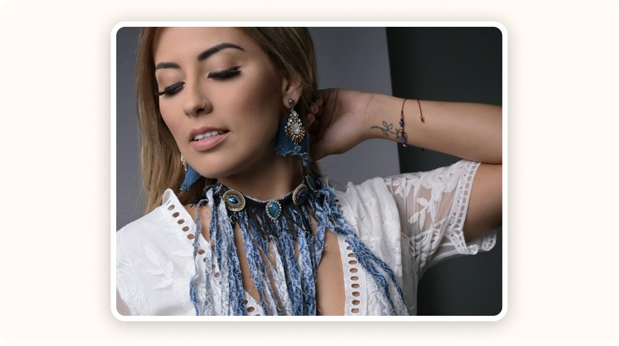 Model wearing custom fashion accessories