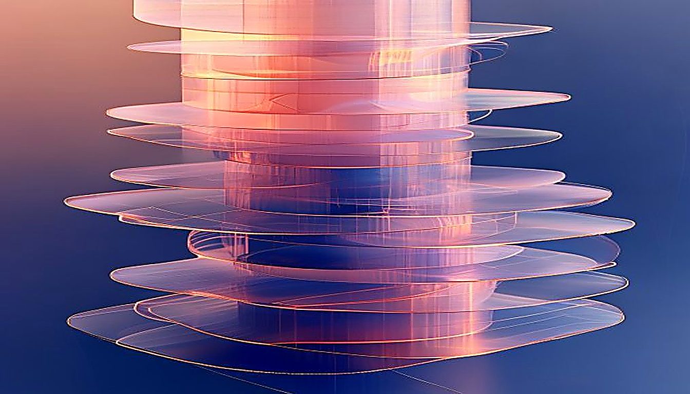 Translucent planes stacked from rough fragments to sharp geometry, showing how a strong UI system is built in layers.