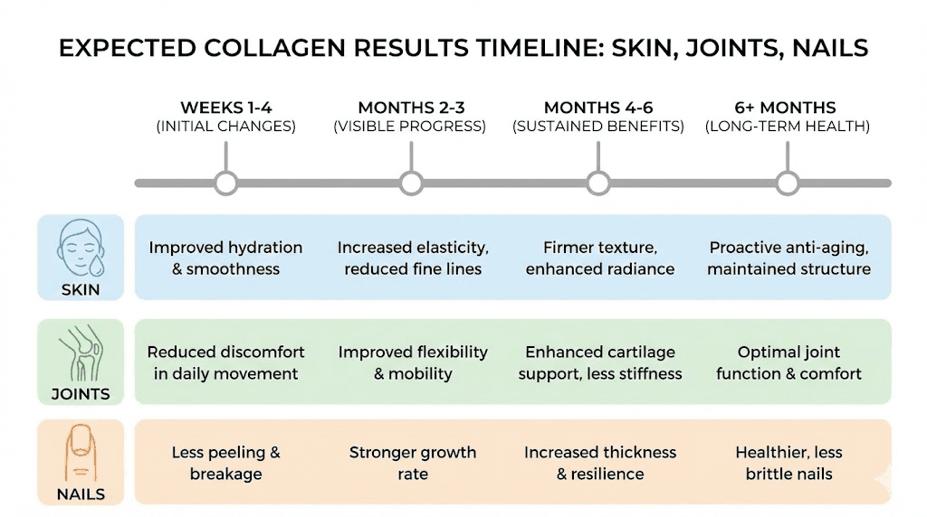 Collagen peptides results timeline by health benefit
