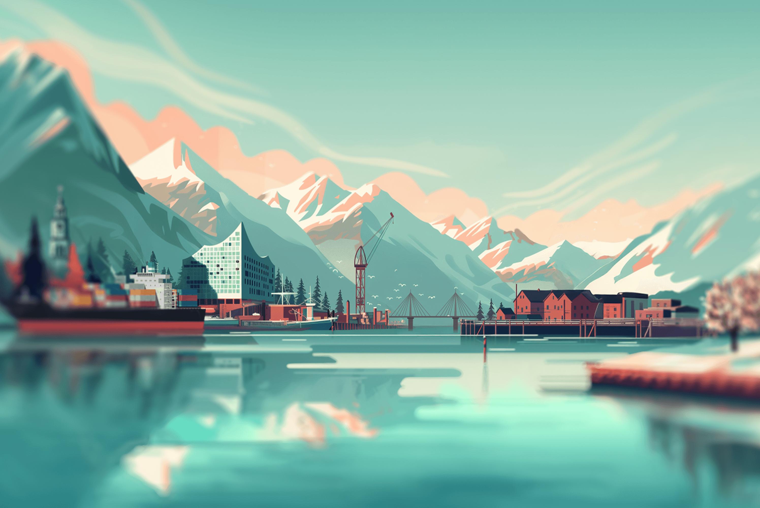 Coastal city with boats, cranes and mountains.